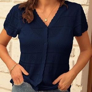 Grace Karin navy soft pointelle knit fabric, lightweight sweater top Size M